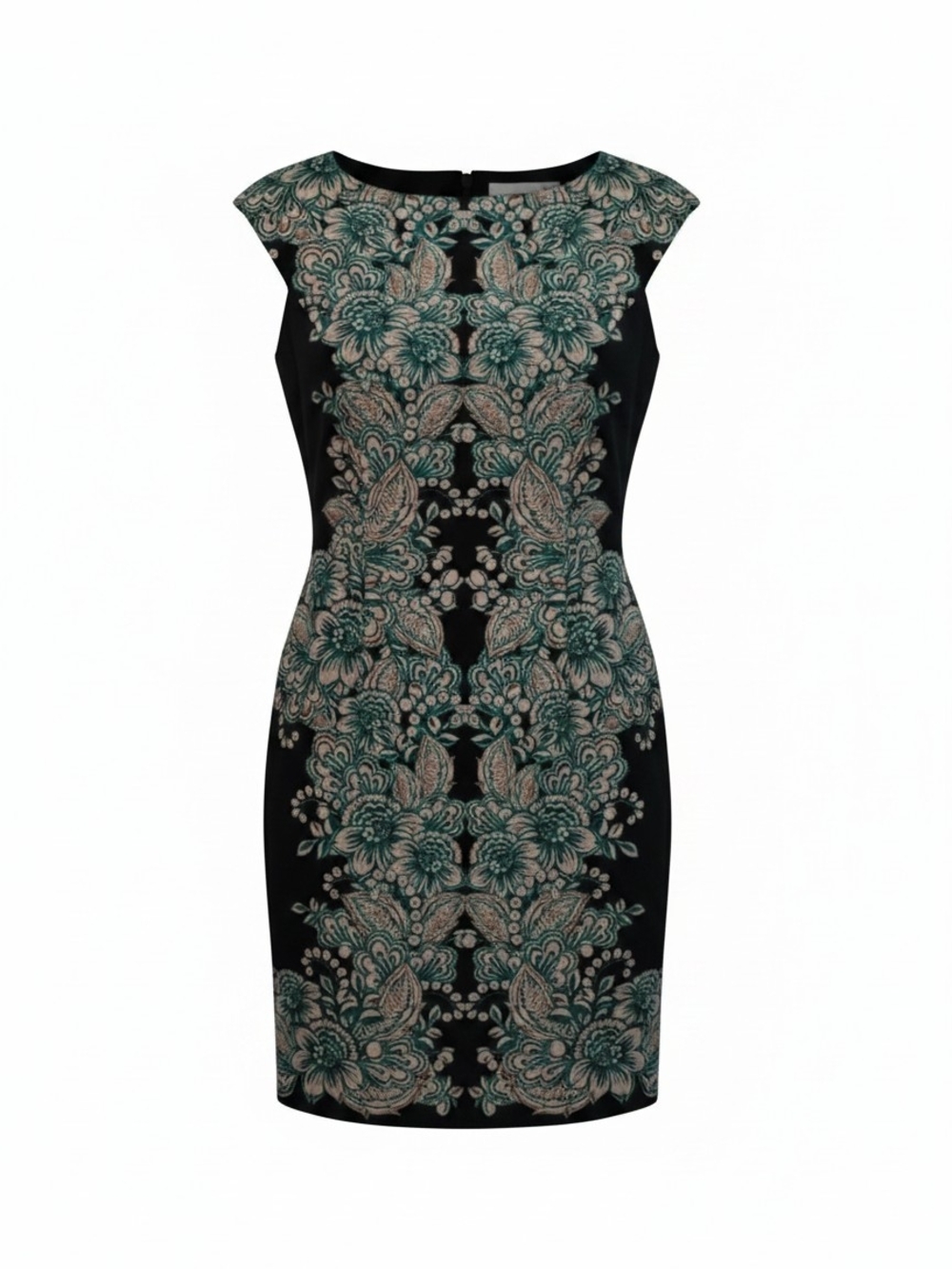 Maggy London Black Midi Sheath Dress with Teal and Cream Floral Motif Size 6